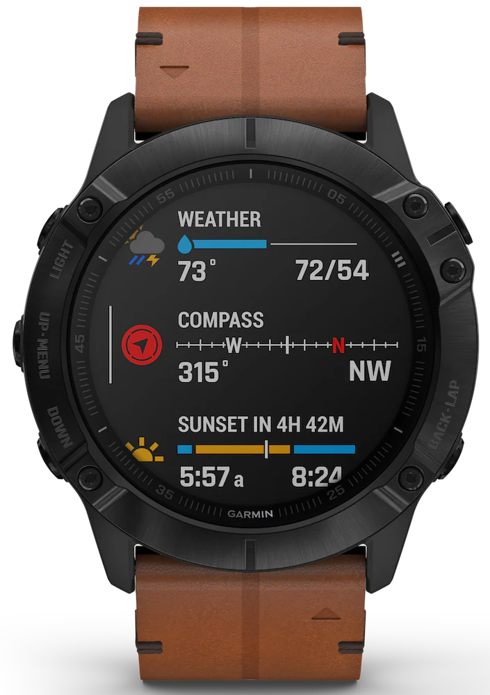 Garmin Watch Fenix 6X Sapphire Black DLC Brown Leather Band D - Image 4